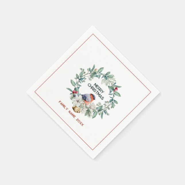 Merry Christmas Typography Wreath & Red Robin Napkin (Corner)