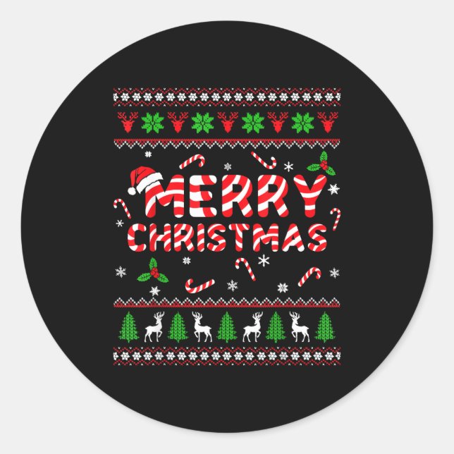 Merry Christmas Ugly Sweater Candy Cane Men Women  Classic Round Sticker (Front)