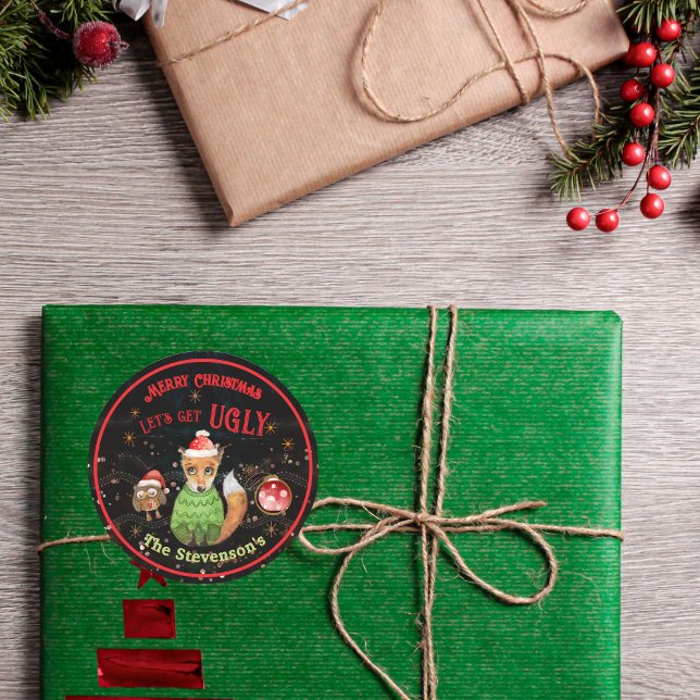 Merry Christmas & Ugly Sweater Fox Classic Round Sticker (Merry Christmas & Ugly Sweater Fox Classic Round Sticker)
