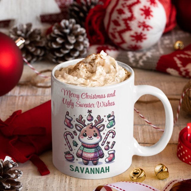 Merry Christmas & Ugly Sweater Wishes Reindeer Coffee Mug (Creator Uploaded)