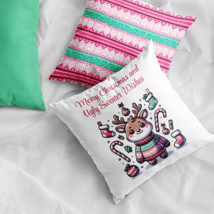 Merry Christmas & Ugly Sweater Wishes Reindeer Cushion