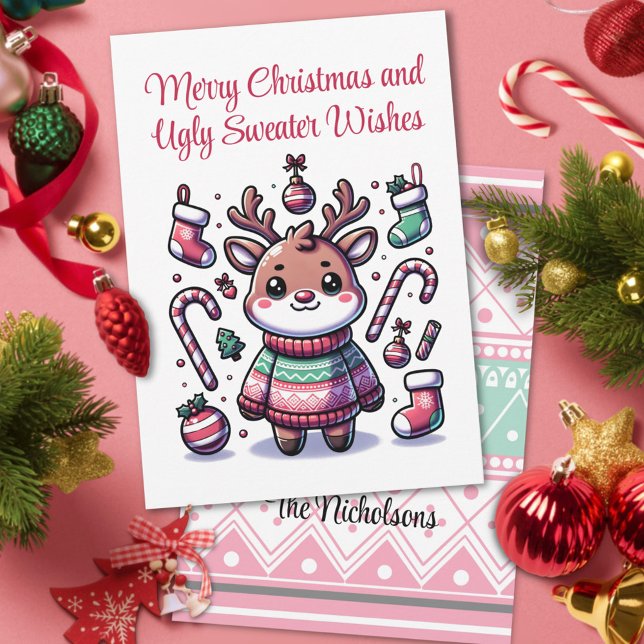 Merry Christmas & Ugly Sweater Wishes Reindeer Holiday Card (Creator Uploaded)