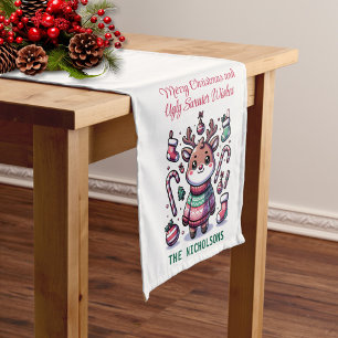 Merry Christmas & Ugly Sweater Wishes Reindeer Medium Table Runner
