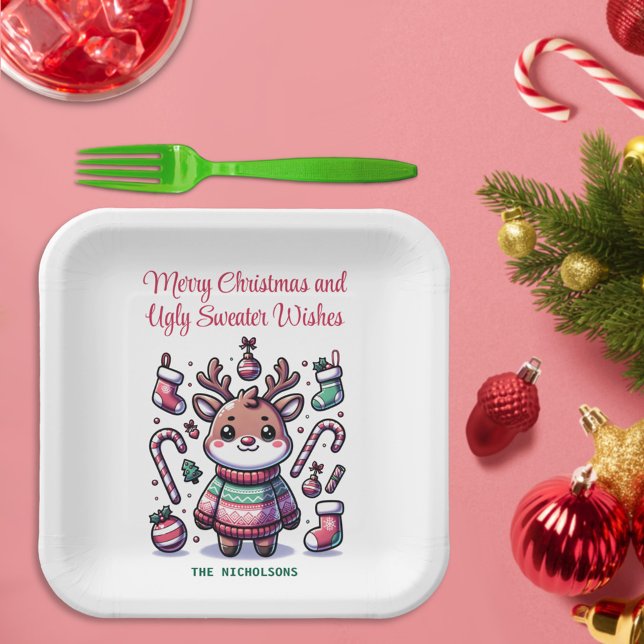 Merry Christmas & Ugly Sweater Wishes Reindeer Paper Plate (Creator Uploaded)