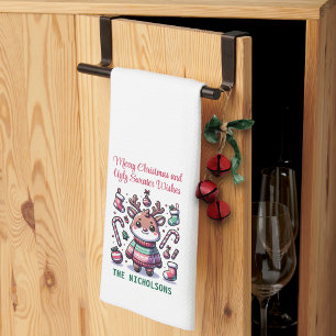 Merry Christmas & Ugly Sweater Wishes Reindeer Tea Towel