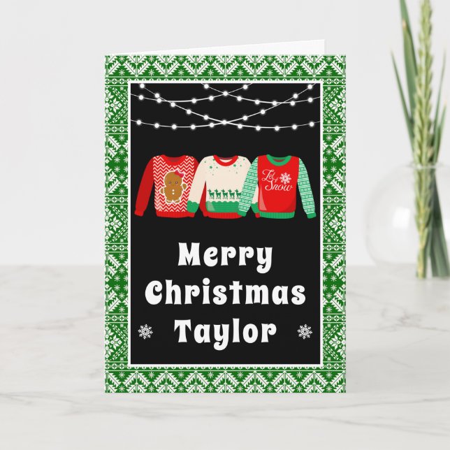 Merry Christmas Ugly Sweaters Green with Name Holiday Card (Front)