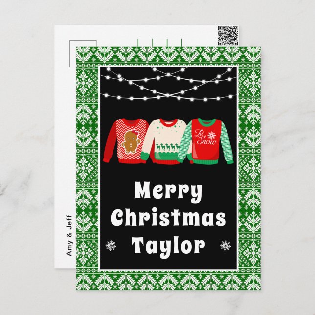 Merry Christmas Ugly Sweaters Green with Name Holiday Postcard (Front/Back)