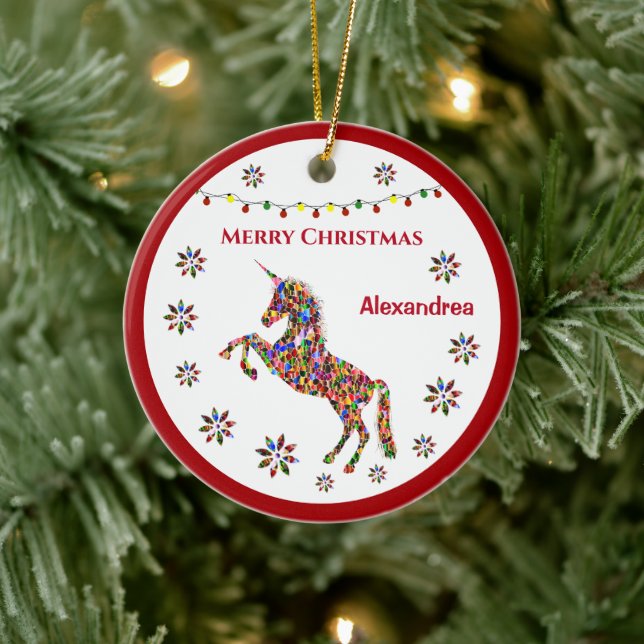 Merry Christmas Unicorn Glitter Personalise  Ceramic Ornament (Tree)