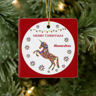 Merry Christmas Unicorn Glitter Personalise   Ceramic Ornament