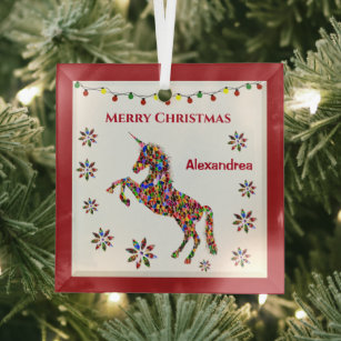 Merry Christmas Unicorn Glitter Personalise Glass Tree Decoration