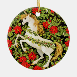 Merry Christmas Unicorn Red Green White Ceramic Ornament