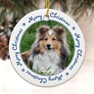 Merry Christmas Unique Trendy Blue Pet Dog Photo Ceramic Ornament