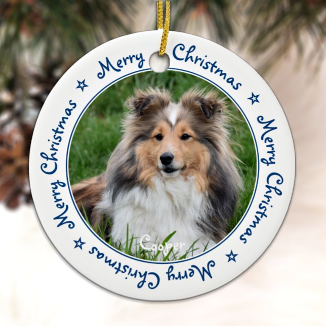 Merry Christmas Unique Trendy Blue Pet Dog Photo Ceramic Ornament (Creator Uploaded)