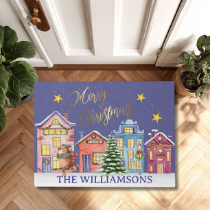 Merry Christmas Village Scene Holiday Doormat