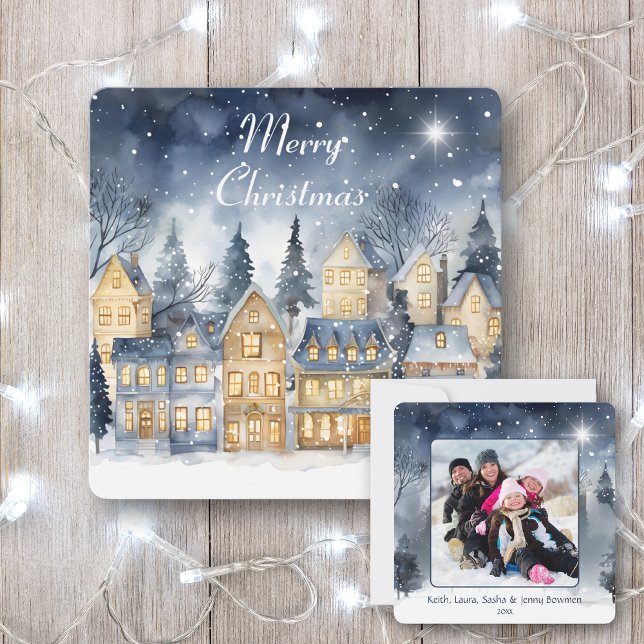 Merry Christmas Village Star Family Photo Name  Card (Creator Uploaded)