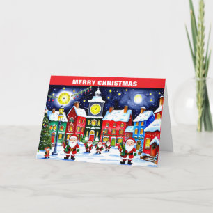 Merry Christmas village with Santa Claus Holiday Card