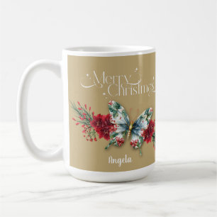 Merry Christmas Vintage Butterfly Poinsettia Coffee Mug