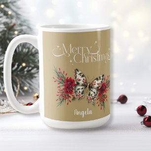 Merry Christmas Vintage Butterfly Poinsettia Coffee Mug