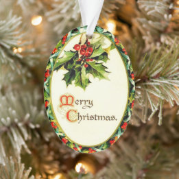 Merry Christmas Vintage Calligraphy Holly Acrylic Ornament