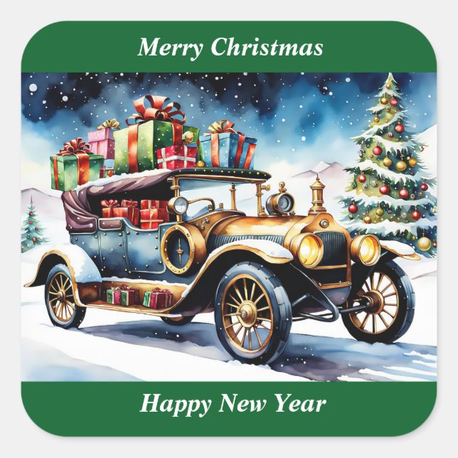 Merry Christmas Vintage Car Ornament Square Sticker (Front)