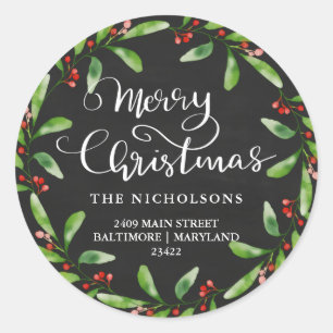 Merry Christmas Vintage Chalkboard Return Address  Classic Round Sticker