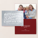 Merry Christmas Vintage Chalkboard Silver Foil Foil Card<br><div class="desc">Vintage chalkboard style hand lettered Christmas typography folded holiday greeting cards with optional photo. Elegant shimmering foil highlights the festive hand-drawn retro lettering and fancy swirls. Add a photo and create your own customised message with our easy template, or get creative and change the background, text styles and colours inside....</div>