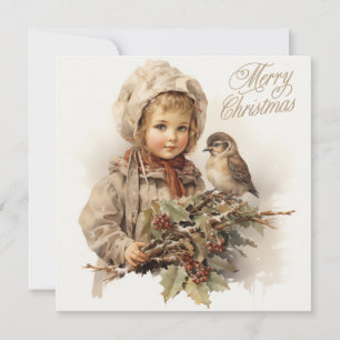 Merry Christmas Vintage Child with Bird  Holiday Card