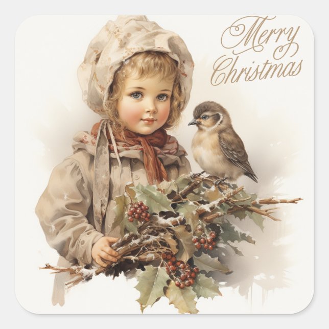 Merry Christmas Vintage Child with Bird  Square Sticker (Front)