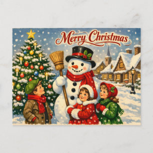 Merry Christmas Vintage Children and Snowman Holiday Postcard
