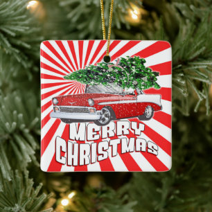 Merry Christmas Vintage Classic Car Christmas Ceramic Ornament