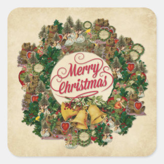 Merry Christmas Vintage Colourful Ornament Wreath Square Sticker