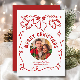 Merry Christmas Vintage Coquette Bow Spruce Photo Holiday Card