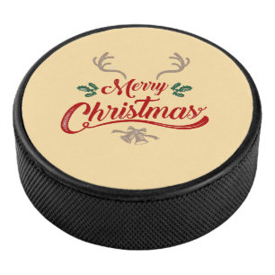 Merry Christmas Vintage Design Red & Green Hockey Puck