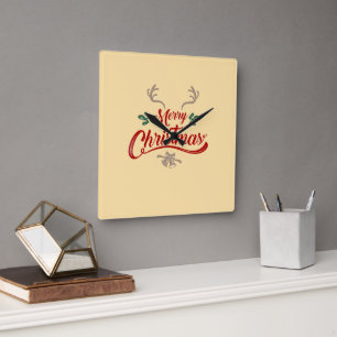 Merry Christmas Vintage Design   Red & Green Square Wall Clock
