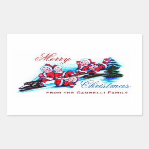 Merry Christmas -  Vintage Elves Sledding in Snow Rectangular Sticker