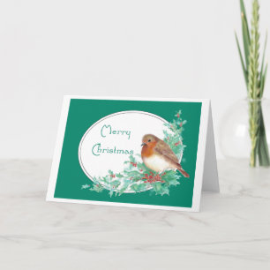 Merry Christmas Vintage English Robin Watercolor Holiday Card