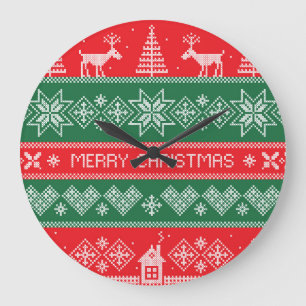 Merry Christmas: vintage festive pattern. Large Clock