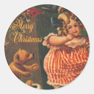 Merry Christmas Vintage Girl and Bear Classic Round Sticker