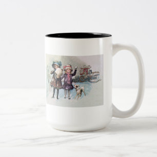 Merry Christmas Vintage Girl and Jack Russell Two-Tone Coffee Mug
