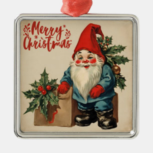 Merry Christmas Vintage Gnome  Metal Ornament