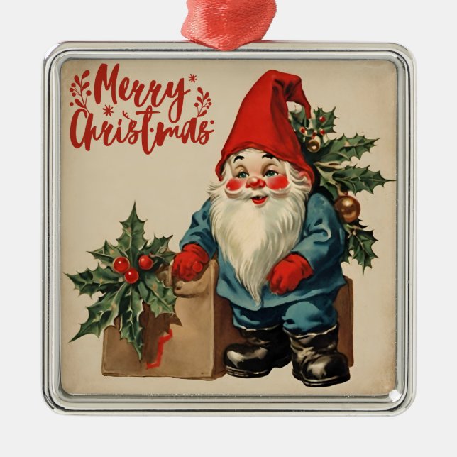 Merry Christmas Vintage Gnome  Metal Ornament (Front)