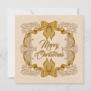 Merry Christmas Vintage Gold Bow Holiday Card