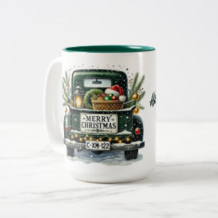 Merry Christmas Vintage Green Truck  Two-Tone Coffee Mug