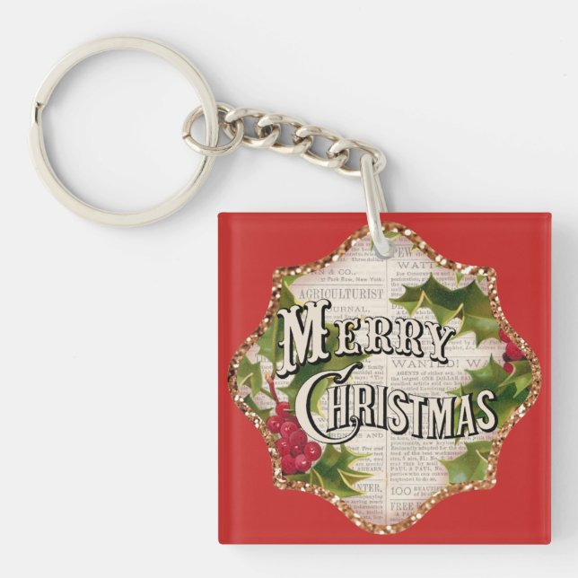 Merry Christmas Vintage Holiday Gift Key Ring (Front)