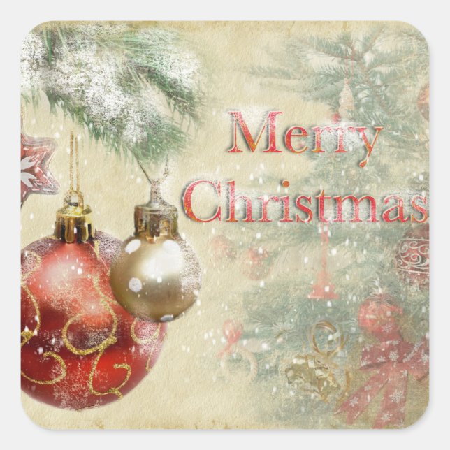 "Merry Christmas" Vintage Ornaments Square Sticker (Front)