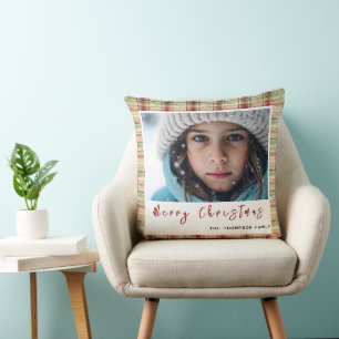 Merry Christmas vintage plaid custom photo Cushion