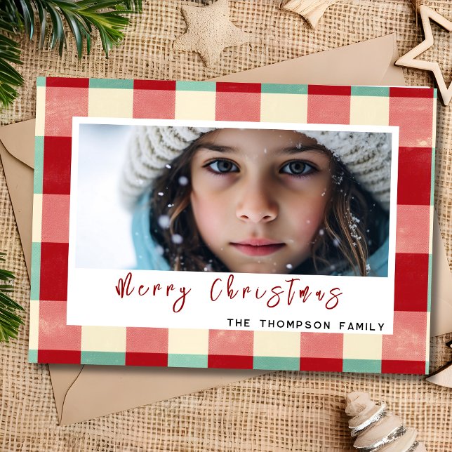 Merry Christmas vintage plaid custom photo Holiday Card (Creator Uploaded)