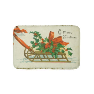 Merry Christmas - vintage postcard, sled and holly Bath Mat
