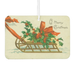 Merry Christmas - vintage postcard, sled and holly Car Air Freshener