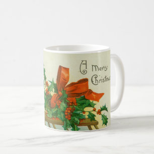 Merry Christmas - vintage postcard, sled and holly Coffee Mug